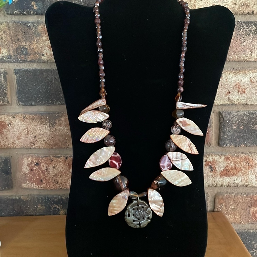 Dark Amber, Abalone shell, and Aztec style stone pendant vintage necklace